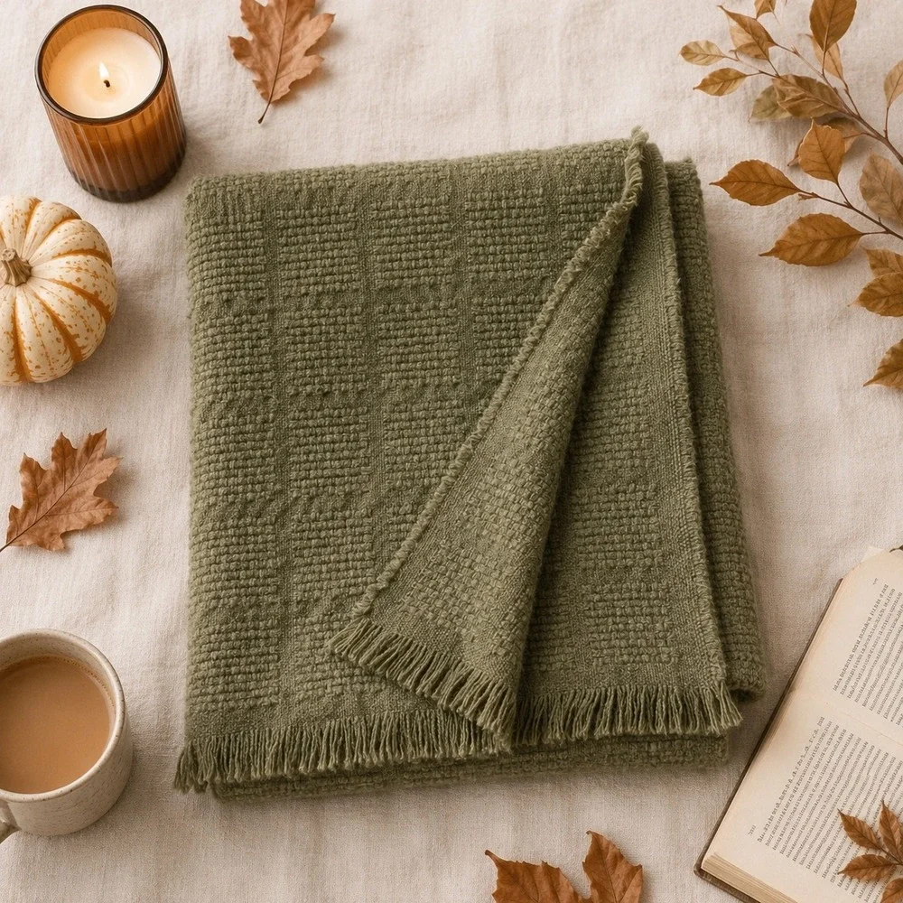 Hearth & Hand Magnolia Woven Grid Throw Blanket Olive Green Fringed 50x60 NEW